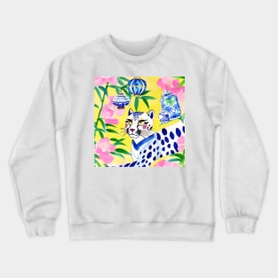 Preppy cheetah and chinoiserie lanterns on yellow Crewneck Sweatshirt